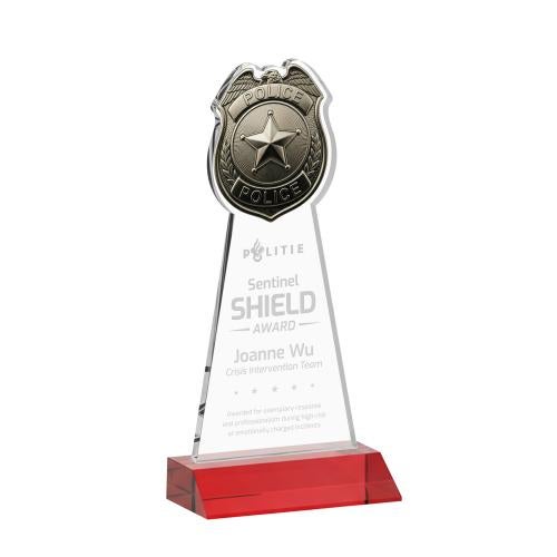 Awards and Plaques - Crystal Trophies - Police Badge Red Unique Crystal Trophy