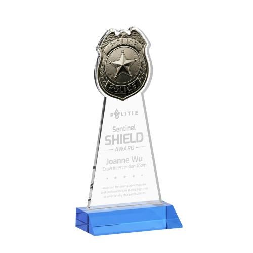 Awards and Plaques - Crystal Trophies - Police Badge Sky Blue Unique Crystal Trophy