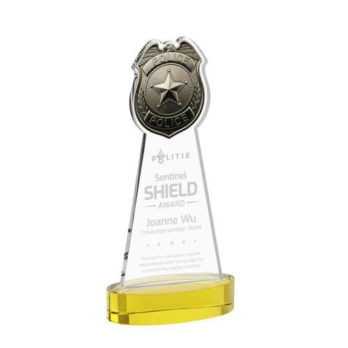 Awards and Plaques - Crystal Trophies - Police Badge on Alberton Base Gold Unique Crystal Trophy