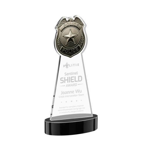Awards and Plaques - Crystal Trophies - Police Badge on Alberton Base Black Unique Crystal Trophy