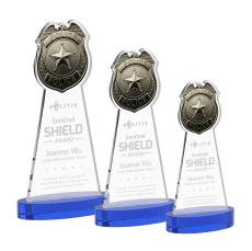 Police Badge on Alberton Base Blue Unique Crystal Trophy - Crystal Trophies