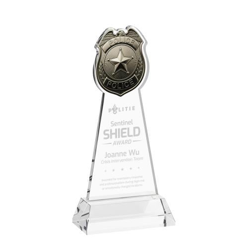 Awards and Plaques - Crystal Trophies - Police Badge on Hartford Base Clear Unique Crystal Trophy