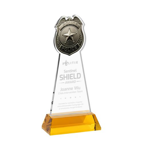 Awards and Plaques - Crystal Trophies - Police Badge on Hartford Base Amber Unique Crystal Trophy