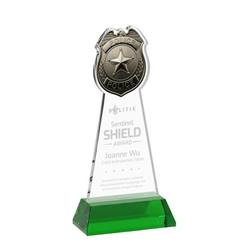 Awards and Plaques - Crystal Trophies - Police Badge on Hartford Base Green Unique Crystal Trophy