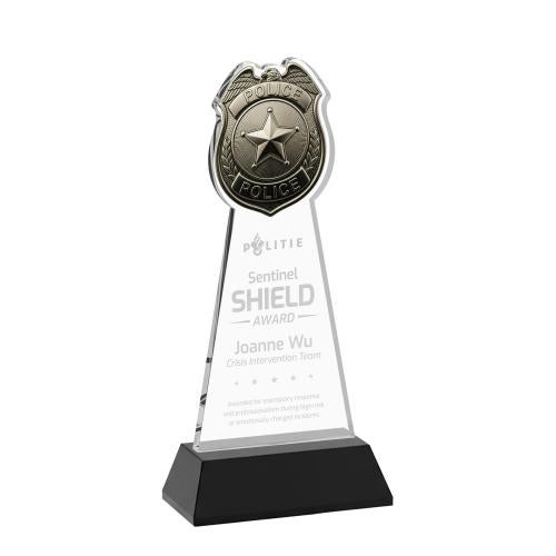 Awards and Plaques - Crystal Trophies - Police Badge on Hartford Base Black Unique Crystal Trophy