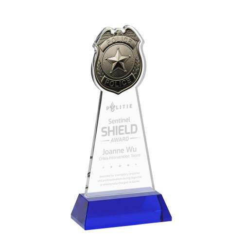 Awards and Plaques - Crystal Trophies - Police Badge on Hartford Base Blue Unique Crystal Trophy