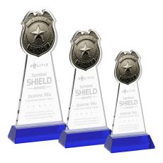 Police Badge on Hartford Base Blue Unique Crystal Trophy - Crystal Trophies