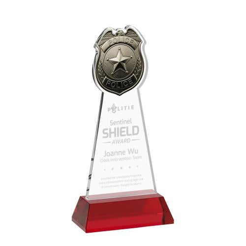 Awards and Plaques - Crystal Trophies - Police Badge on Hartford Base Red Unique Crystal Trophy