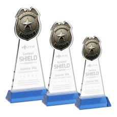 Police Badge on Hartford Base Sky Blue Unique Crystal Trophy - Crystal Trophies