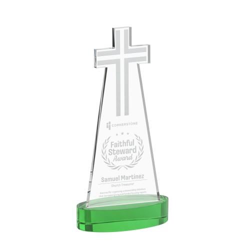 Awards and Plaques - Crystal Trophies - Cross on Alberton Base Green Unique Crystal Trophy