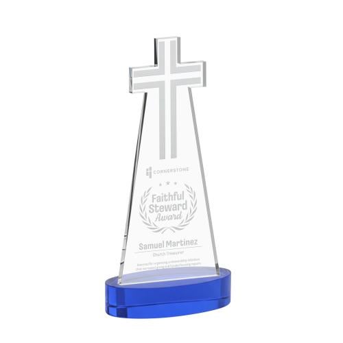 Awards and Plaques - Crystal Trophies - Cross on Alberton Base Blue Unique Crystal Trophy