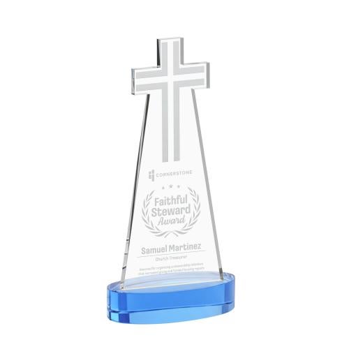 Awards and Plaques - Crystal Trophies - Cross on Alberton Base Sky Blue Unique Crystal Trophy