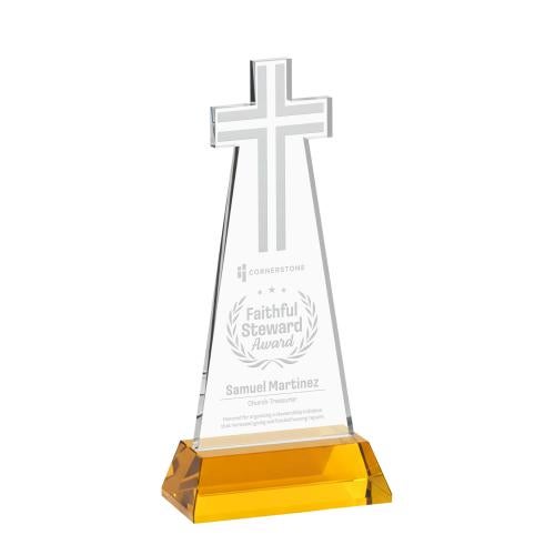Awards and Plaques - Crystal Trophies - Cross on Hartford Base Amber Unique Crystal Trophy