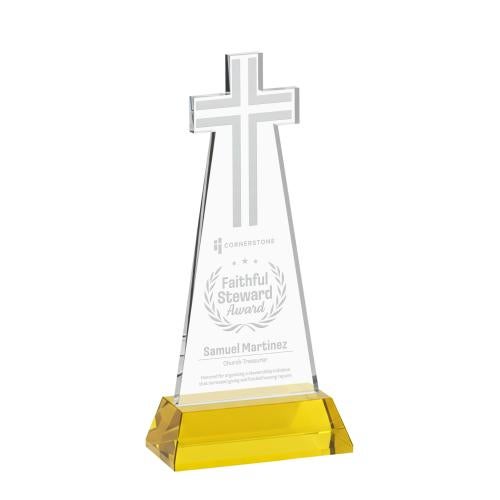 Awards and Plaques - Crystal Trophies - Cross on Hartford Base Gold Unique Crystal Trophy