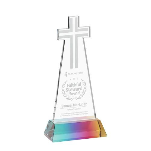 Awards and Plaques - Crystal Trophies - Cross on Hartford Base Prismatic Unique Crystal Trophy