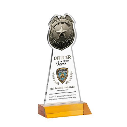 Awards and Plaques - Crystal Trophies - Police Badge Full Color Amber Unique Crystal Trophy