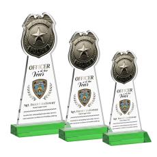 Police Badge Full Color Green Unique Crystal Trophy - Crystal Trophies