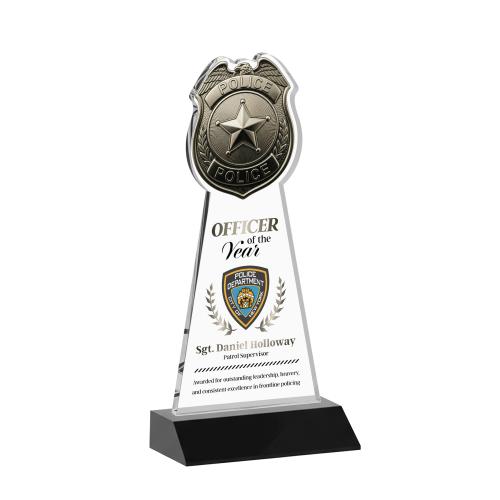 Awards and Plaques - Crystal Trophies - Police Badge Full Color Black Unique Crystal Trophy