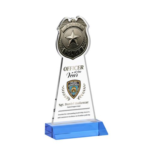 Awards and Plaques - Crystal Trophies - Police Badge Full Color Sky Blue Unique Crystal Trophy
