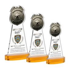 Police Badge Full Color on Alberton Base Amber Unique Crystal Trophy - Crystal Trophies