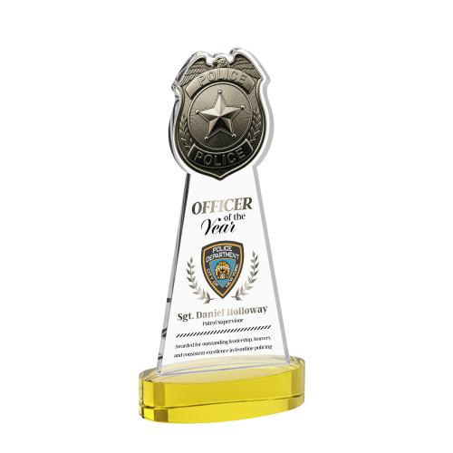 Awards and Plaques - Crystal Trophies - Police Badge Full Color on Alberton Base Gold Unique Crystal Trophy