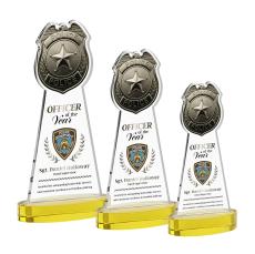 Police Badge Full Color on Alberton Base Gold Unique Crystal Trophy - Crystal Trophies