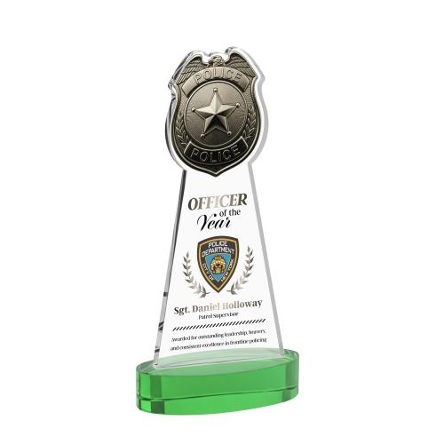 Awards and Plaques - Crystal Trophies - Police Badge Full Color on Alberton Base Green Unique Crystal Trophy