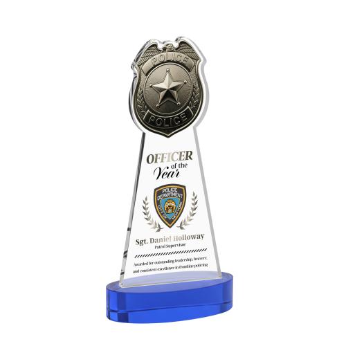 Awards and Plaques - Crystal Trophies - Police Badge Full Color on Alberton Base Blue Unique Crystal Trophy