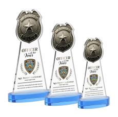 Police Badge Full Color on Alberton Base Sky Blue Unique Crystal Trophy - Crystal Trophies