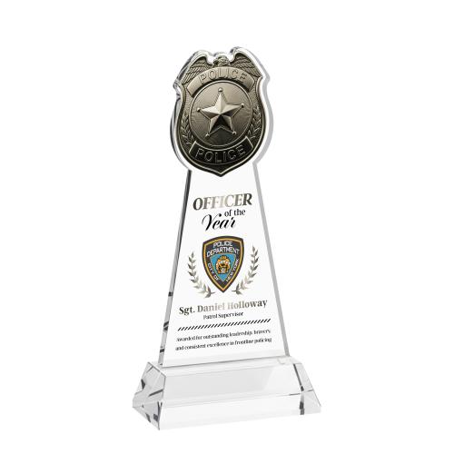 Awards and Plaques - Crystal Trophies - Police Badge Full Color on Hartford Base Clear Unique Crystal Trophy