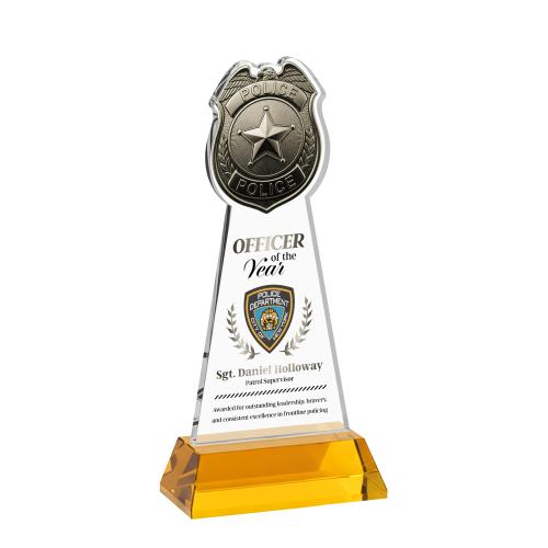Awards and Plaques - Crystal Trophies - Police Badge Full Color on Hartford Base Amber Unique Crystal Trophy
