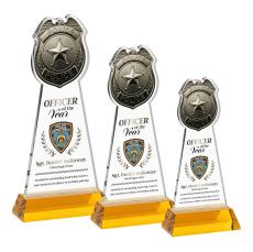 Police Badge Full Color on Hartford Base Amber Unique Crystal Trophy - Crystal Trophies