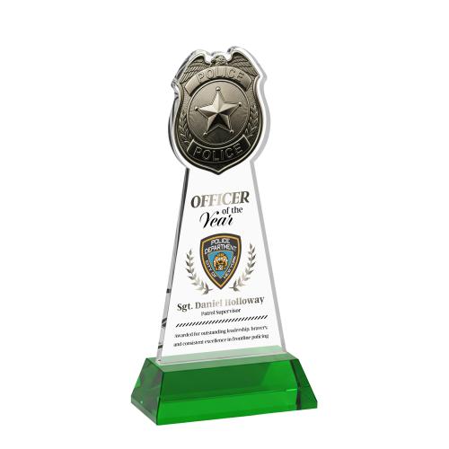 Awards and Plaques - Crystal Trophies - Police Badge Full Color on Hartford Base Green Unique Crystal Trophy