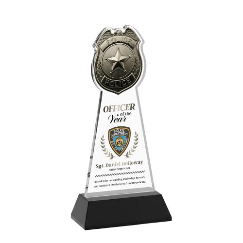 Awards and Plaques - Crystal Trophies - Police Badge Full Color on Hartford Base Black Unique Crystal Trophy