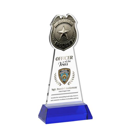 Awards and Plaques - Crystal Trophies - Police Badge Full Color on Hartford Base Blue Unique Crystal Trophy