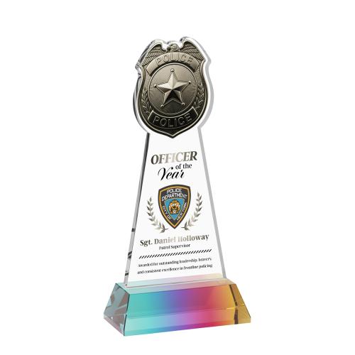 Awards and Plaques - Crystal Trophies - Police Badge Full Color on Hartford Base Prismatic Unique Crystal Trophy