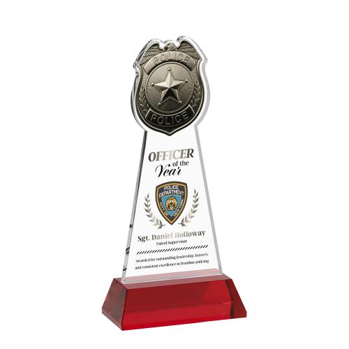 Awards and Plaques - Crystal Trophies - Police Badge Full Color on Hartford Base Red Unique Crystal Trophy