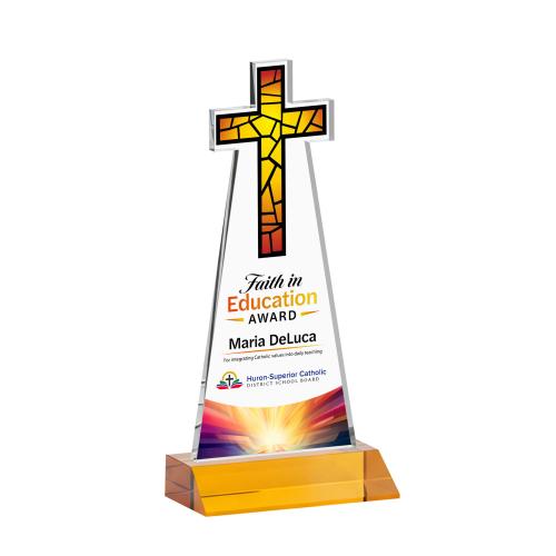 Awards and Plaques - Crystal Trophies - Cross Full Color Amber Unique Crystal Trophy