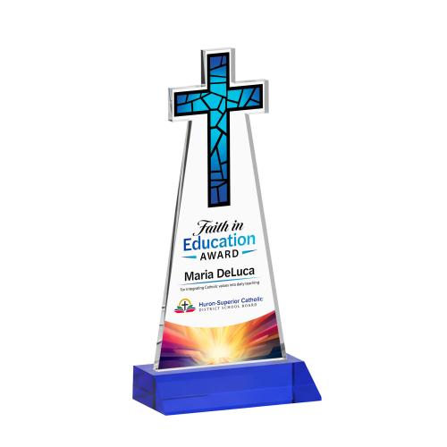 Awards and Plaques - Crystal Trophies - Cross Full Color Blue Unique Crystal Trophy
