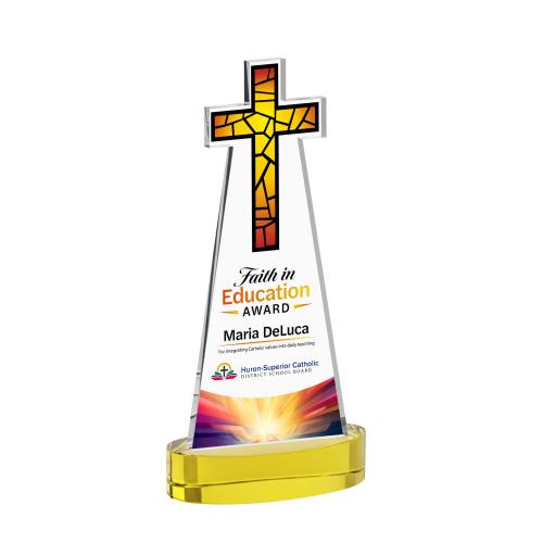 Awards and Plaques - Crystal Trophies - Cross Full Color on Alberton Base Gold Unique Crystal Trophy