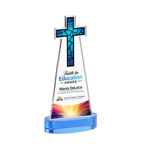 Awards and Plaques - Crystal Trophies - Cross Full Color on Alberton Base Sky Blue Unique Crystal Trophy