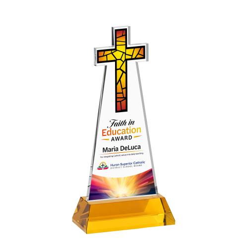Awards and Plaques - Crystal Trophies - Cross Full Color on Hartford Base Amber Unique Crystal Trophy
