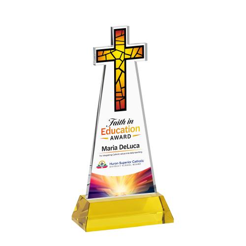 Awards and Plaques - Crystal Trophies - Cross Full Color on Hartford Base Gold Unique Crystal Trophy