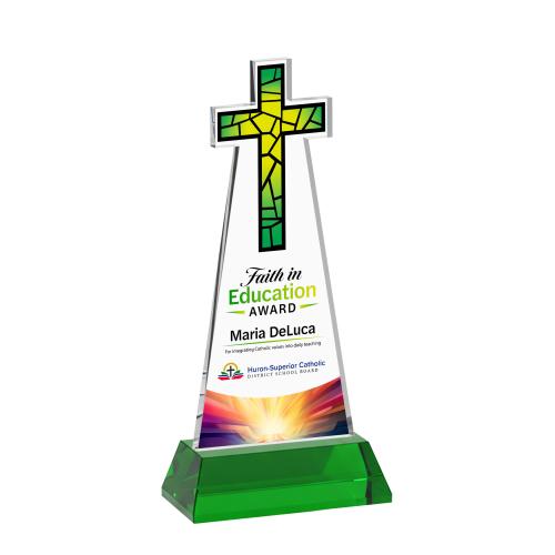 Awards and Plaques - Crystal Trophies - Cross Full Color on Hartford Base Green Unique Crystal Trophy