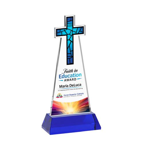 Awards and Plaques - Crystal Trophies - Cross Full Color on Hartford Base Blue Unique Crystal Trophy