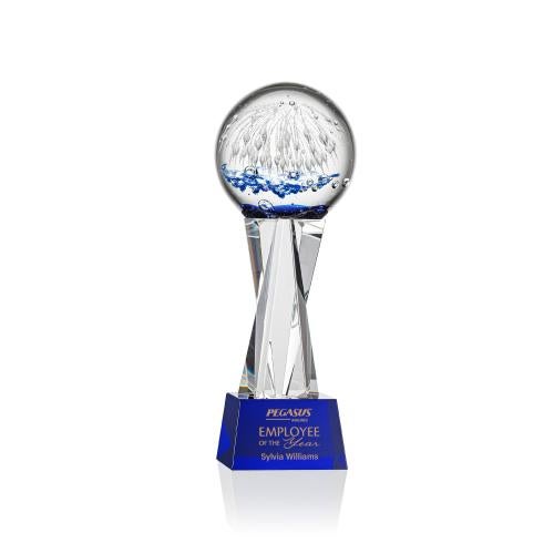 Awards and Plaques - Glass Trophies - Art Glass Trophies - Rudolph on Saldana Crystal Base Blue Globe Glass Trophy
