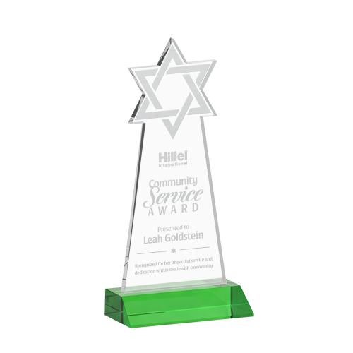 Awards and Plaques - Crystal Trophies - Star of David Green Unique Crystal Trophy