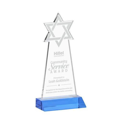 Awards and Plaques - Crystal Trophies - Star of David Sky Blue Unique Crystal Trophy