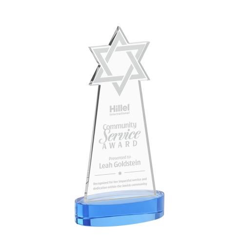 Awards and Plaques - Crystal Trophies - Star of David on Alberton Base Sky Blue Unique Crystal Trophy