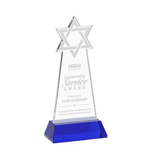 Awards and Plaques - Crystal Trophies - Star of David on Hartford Base Blue Unique Crystal Trophy